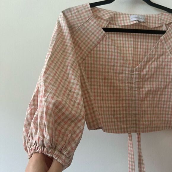 Chriselle x J.O.A Women's Pink Gingham Balloon Sleeve V-Neck Crop Top Size XS - Picture 5 of 8